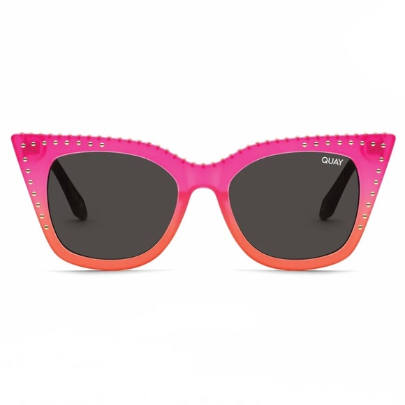QUAY Harper Sunglasses Studded Coral Pink Frame Smoke Blackout Lenses Cateye - Picture 1 of 13